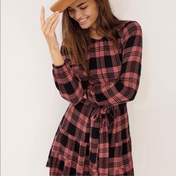 Anthropologie Cloth & Stone NWOT Daia Plaid Peasant Fall Cottage Tie Dress XL - Picture 2 of 8